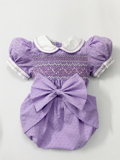 Luxe lilac Swiss dot smocked romper