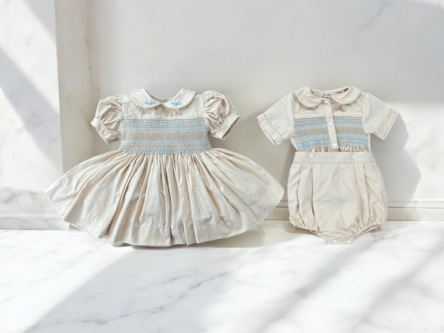 Girls nude and baby blue smocked dress