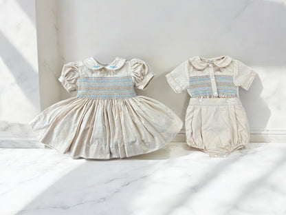 Girls nude and baby blue smocked dress