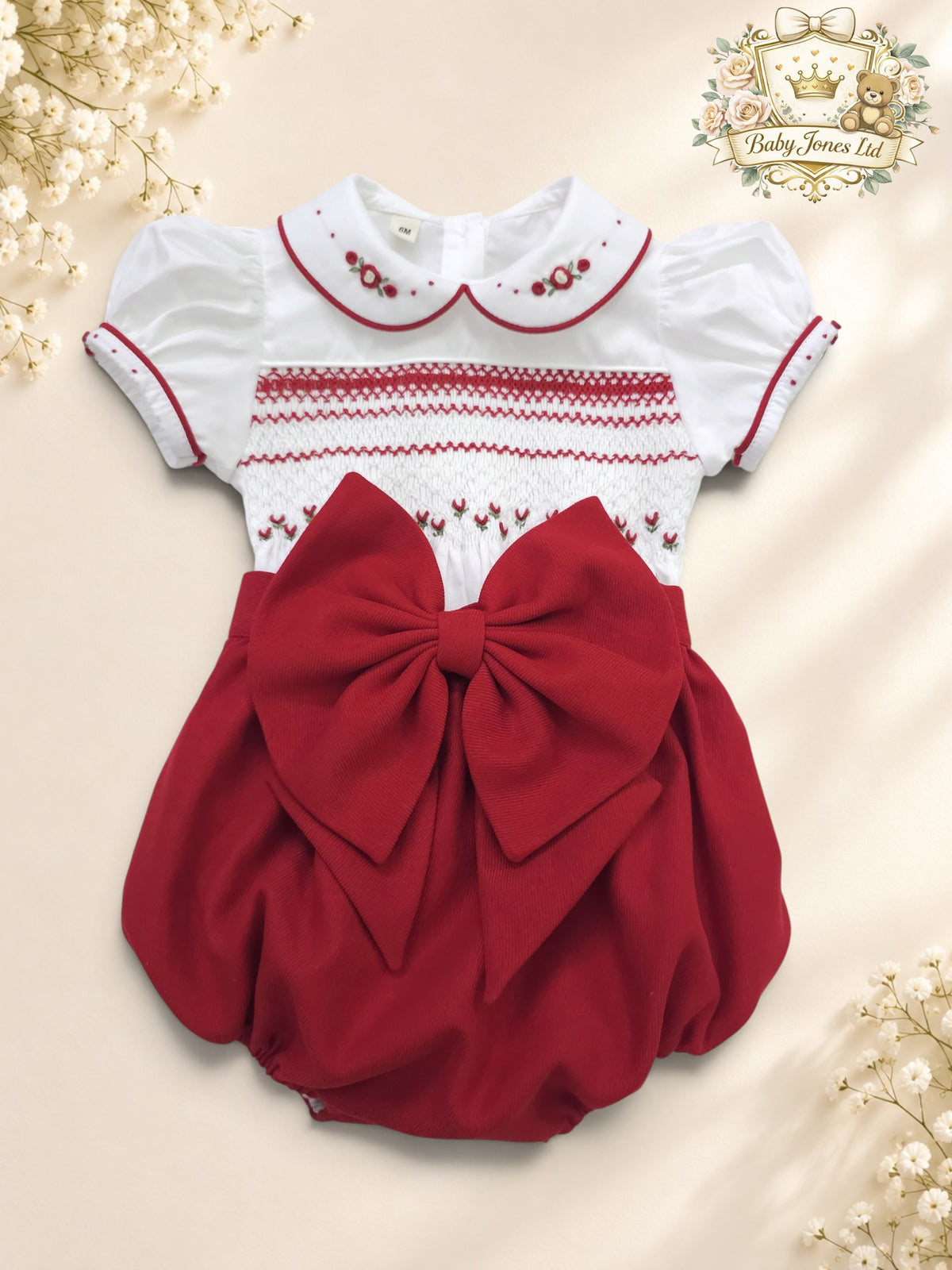 Girls Red & White Hand Smocked Romper
