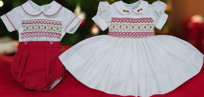 White smocked back and front with red and gold ( for matching boys suit ) PRE ORDER HERE IN 2-3 WEEKS