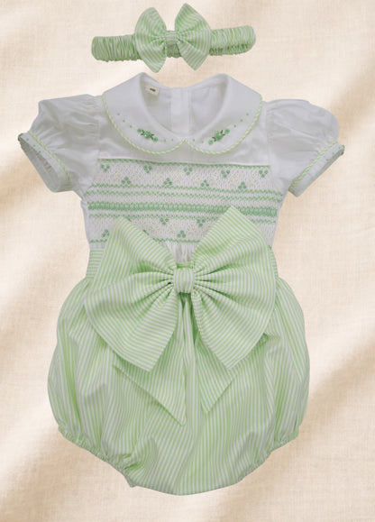 Apple green stripe hand smocked girls romper