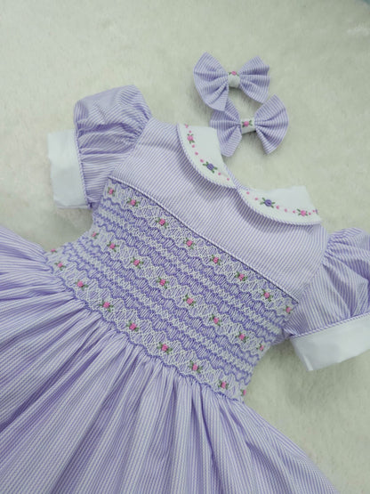 Lilac pinstripe smocked dress