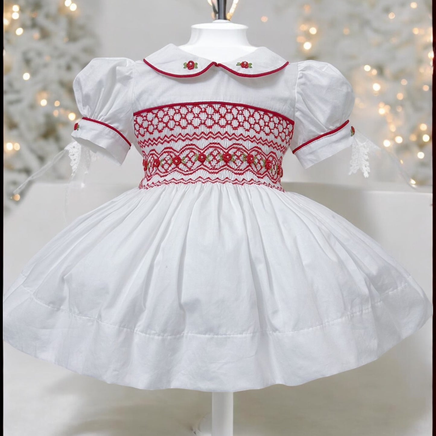 White and Red smocked Dress