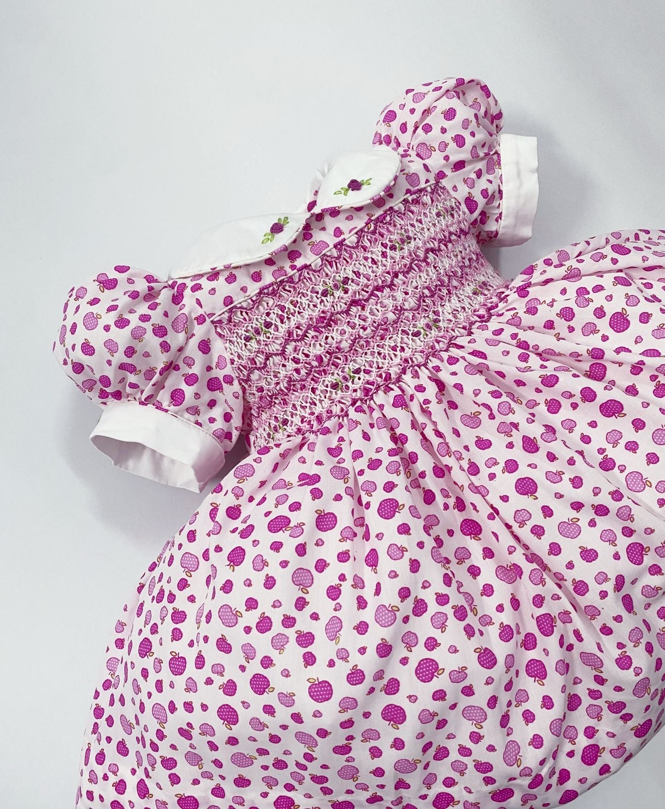 Luxe apple print smocked dress