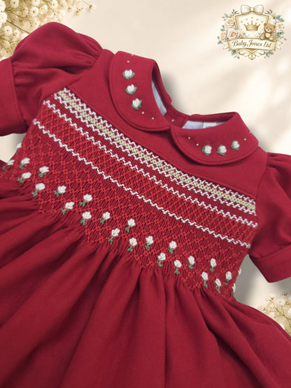 Girls Red Hand Smocked Dress with Embroidered Rosebuds