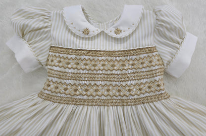 Gold and white striped dress with tan smocking ( got matching boys suit available )