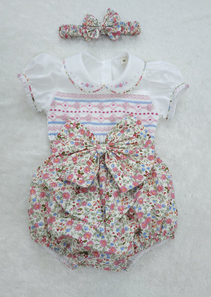 Pink and Blue ditsy hand smocked girls romper