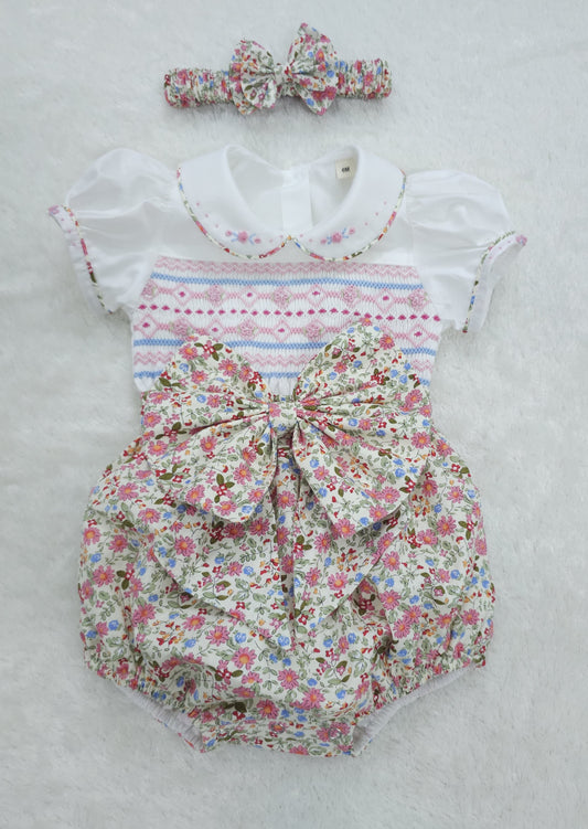 Pink and Blue ditsy hand smocked girls romper