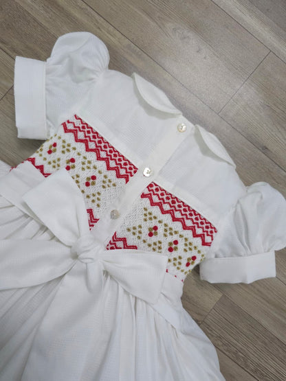 White smocked back and front with red and gold ( for matching boys suit ) PRE ORDER HERE IN 2-3 WEEKS