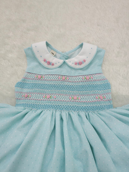 Hand Smocked Baby Girl Dress UK | Mint Sleeveless Dress with Pink Smocking | Matching Boys Outfit | Baby Jones Ltd