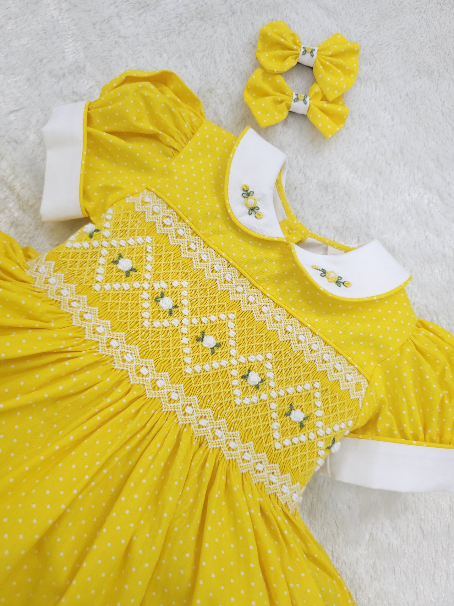Yellow Polkadot with white smocking
