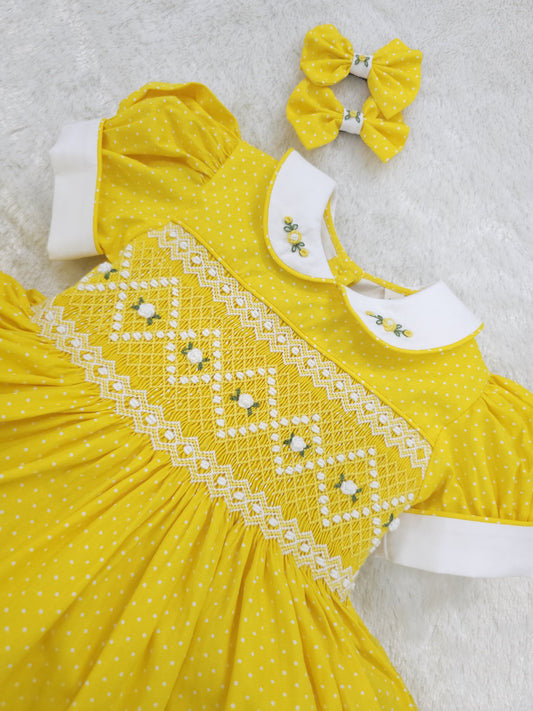 Yellow Polkadot with white smocking