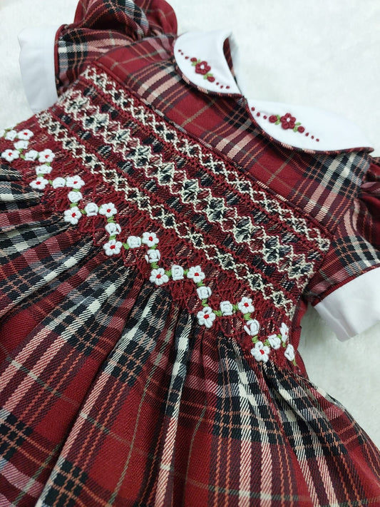Burgandy tartan smocked dress