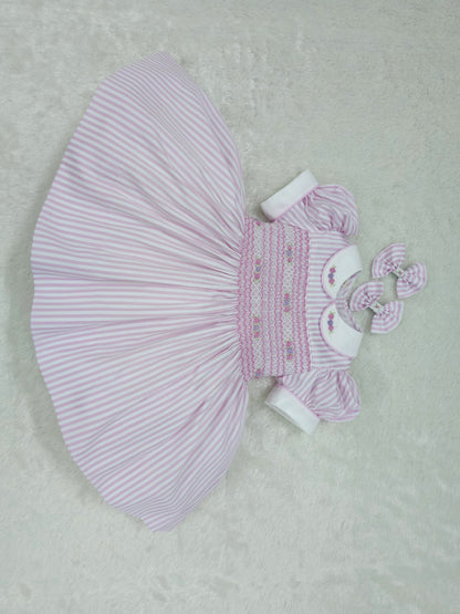 Pink and white stripe with pink and lilac smocking