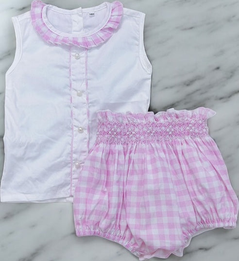 Girls pink and white checkered romper with smocked waistband