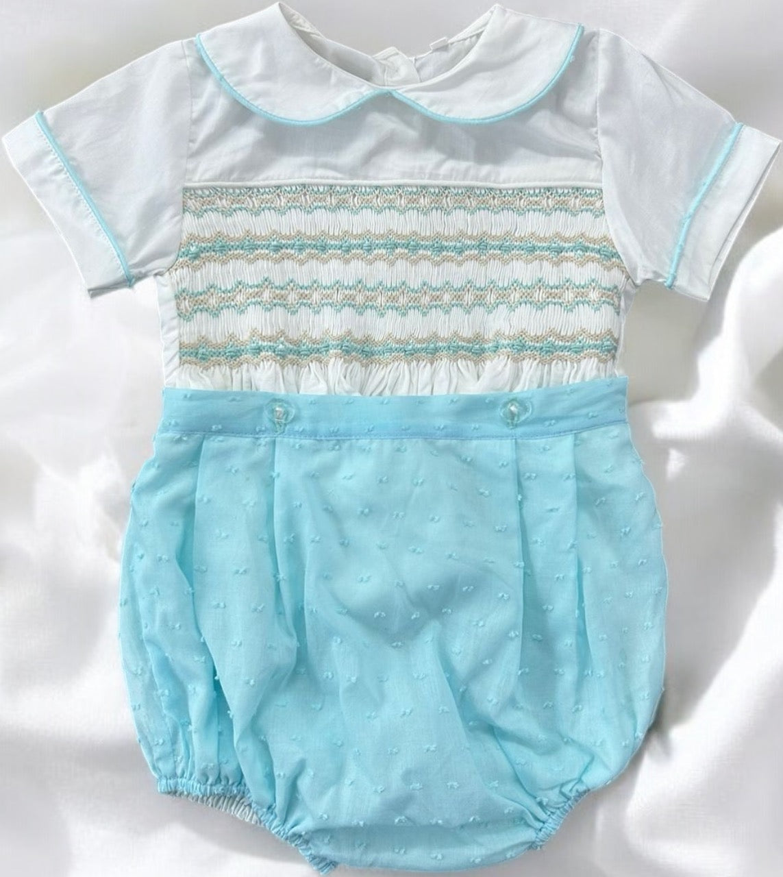 Turquoise Swiss dot smocked boys suit