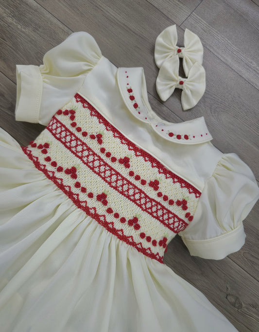 Cream and red smocked dress PRE ORDER HERE IN 2 WEEKS