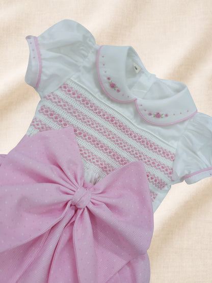 Pink Rose Hand Smocked Girls Romper