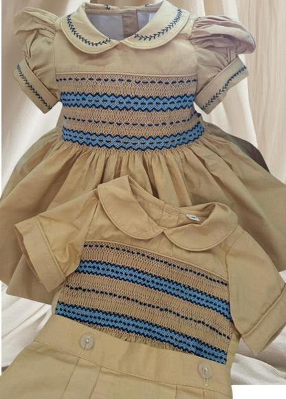 Tan and blue dress smocked back and front ( got some boys suits to match )