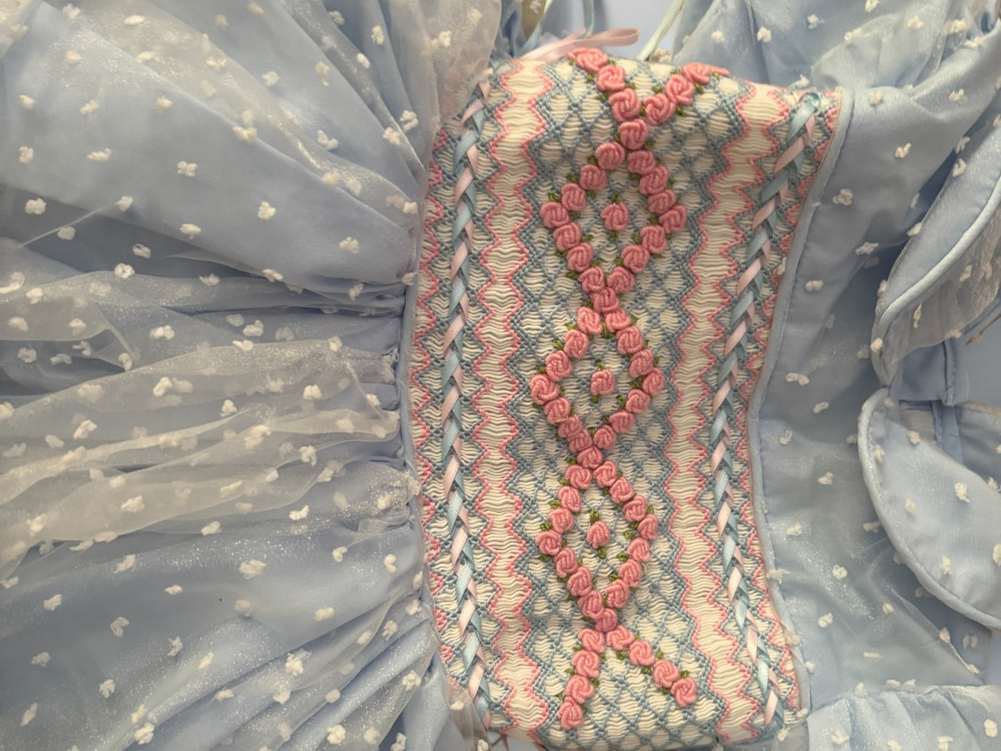 Baby blue organza Swiss dot with pink smocking and ribbon NO BOWS