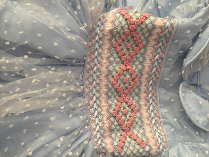 Baby blue organza Swiss dot with pink smocking and ribbon NO BOWS