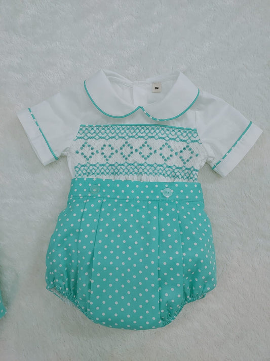 Turquoise polkadot smocked boys suit