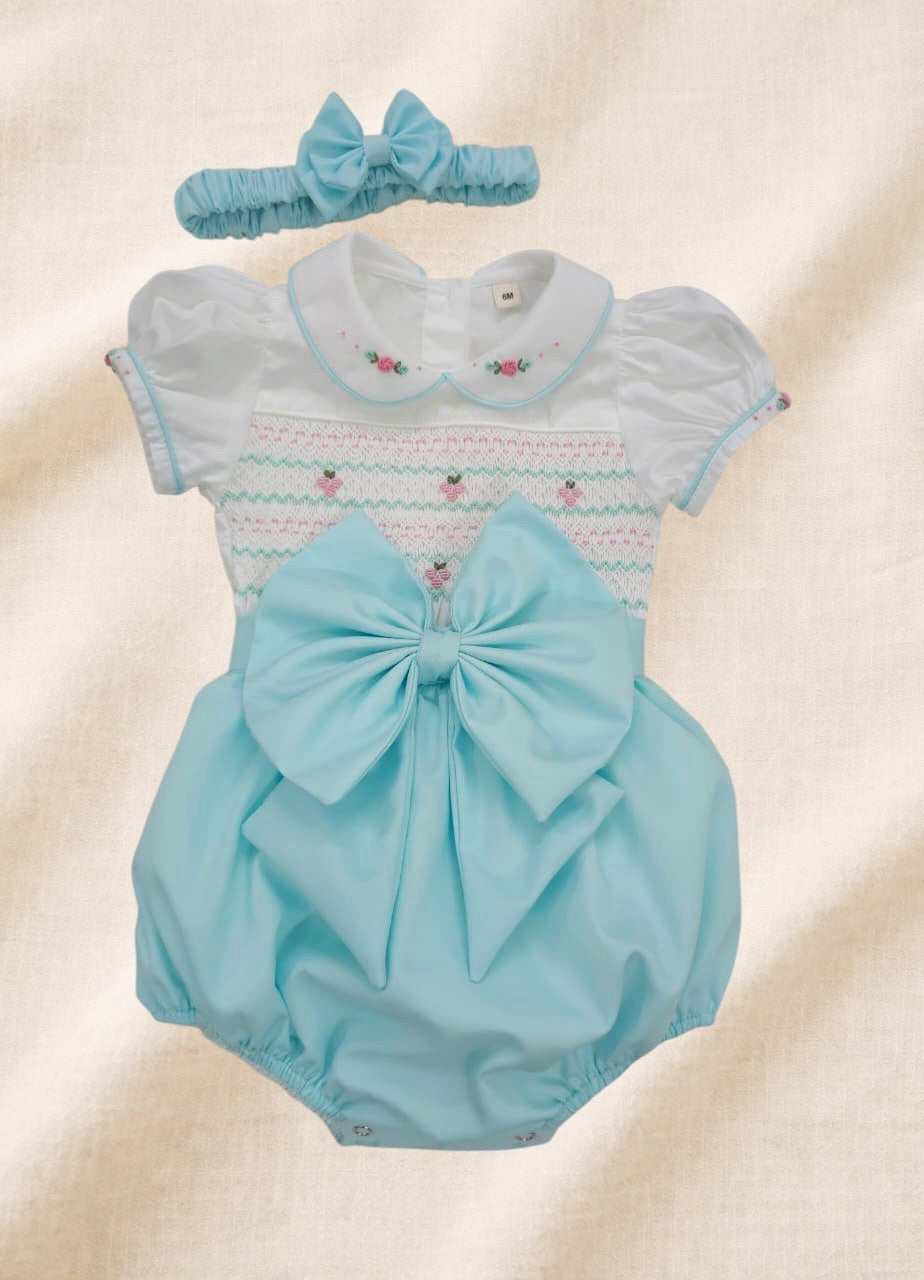 Mint/Turquoise girls hand smocked romper