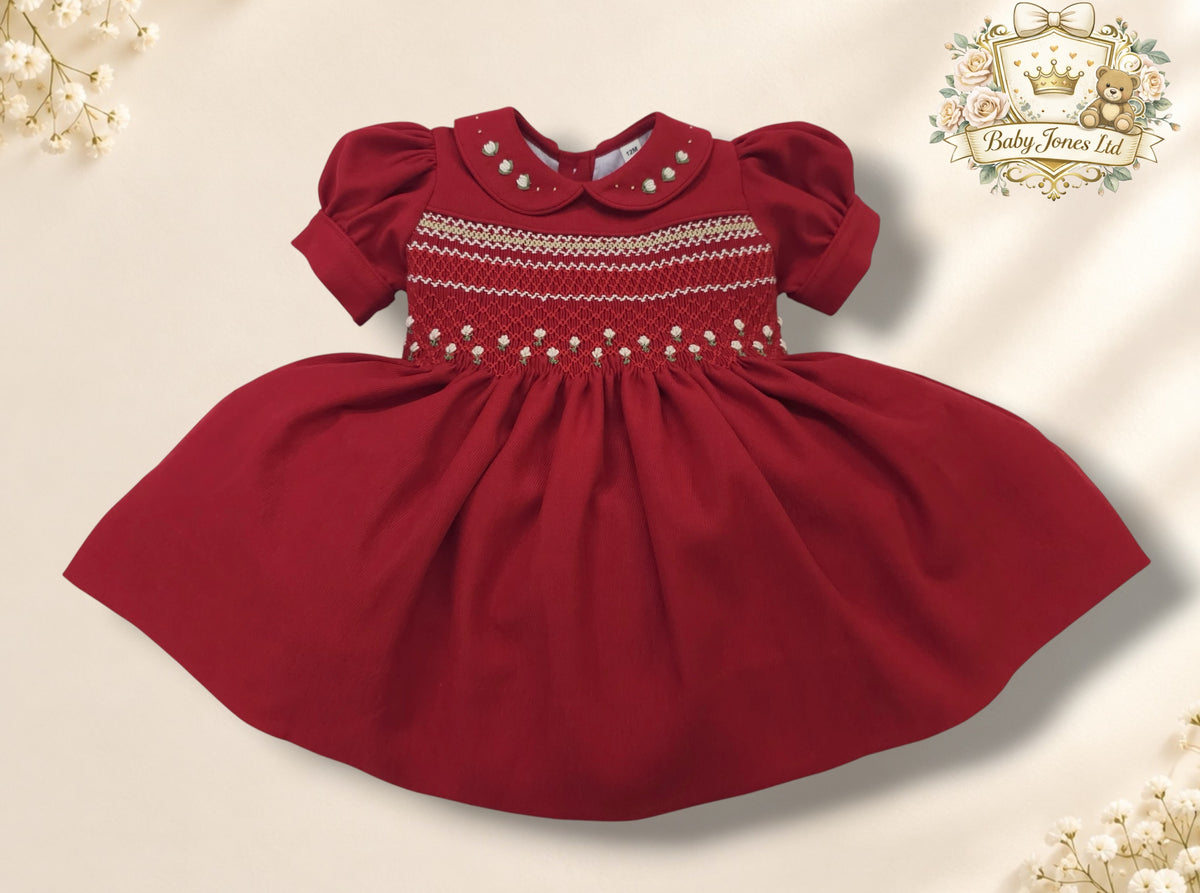 Girls Red Hand Smocked Dress with Embroidered Rosebuds
