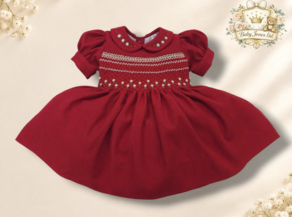 Girls Red Hand Smocked Dress with Embroidered Rosebuds