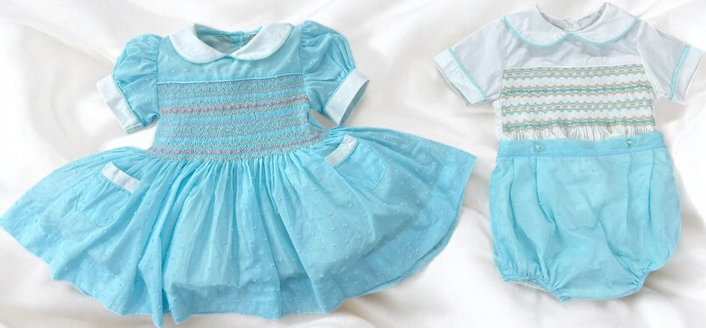 Turquoise Swiss dot smocked boys suit