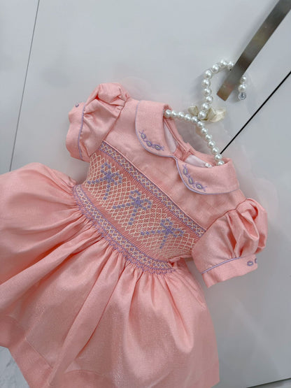 Peach Taffeta Hand-Smocked Dress with Lilac Embroidery