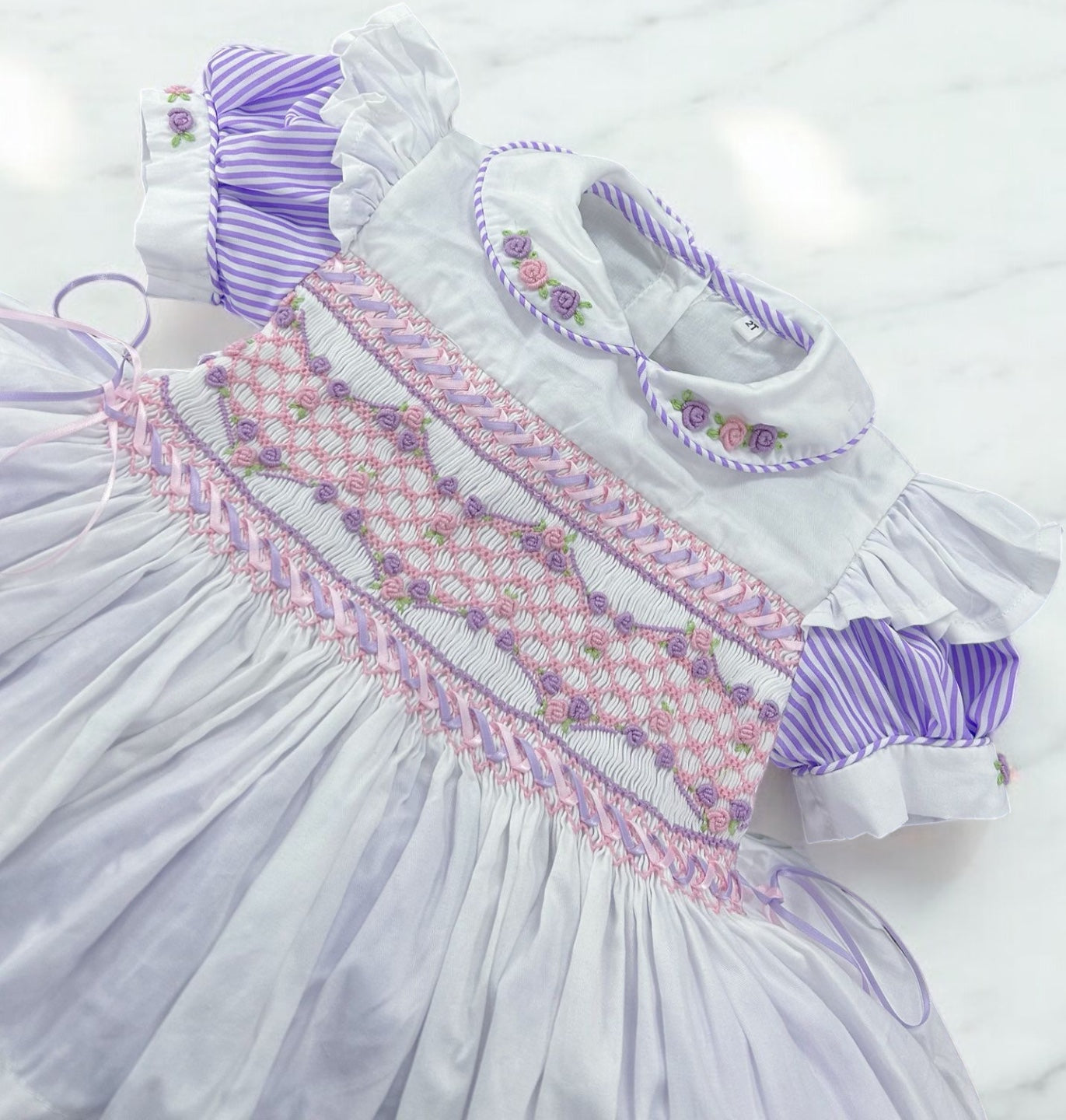 Lilac pinstripe smocked pinny dress with ribbon