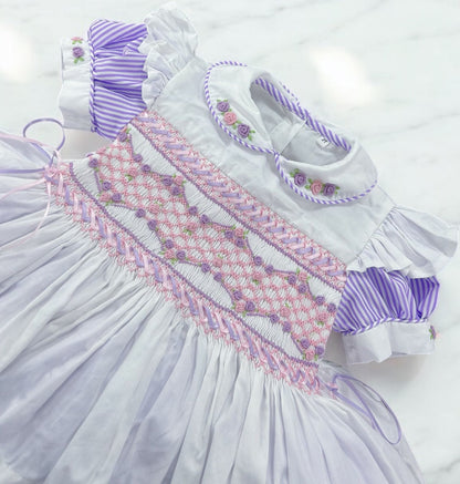 Lilac pinstripe smocked pinny dress with ribbon