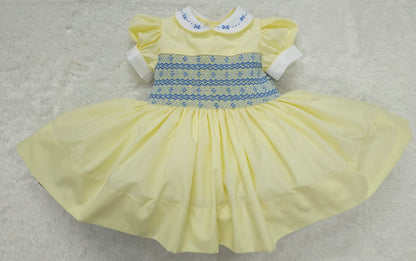 Lemon with blue smocked back and front with fixed bow. ( have matching boys suit available )