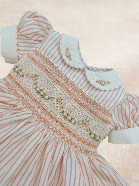 Peach Stripe Rose Hand-Smocked Dress