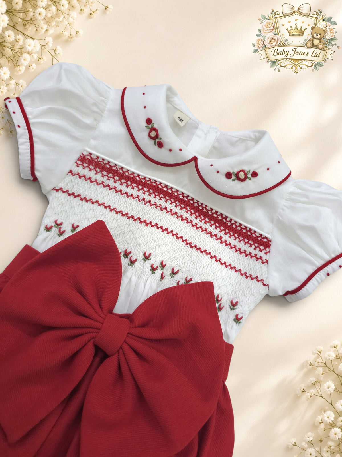 Girls Red & White Hand Smocked Romper
