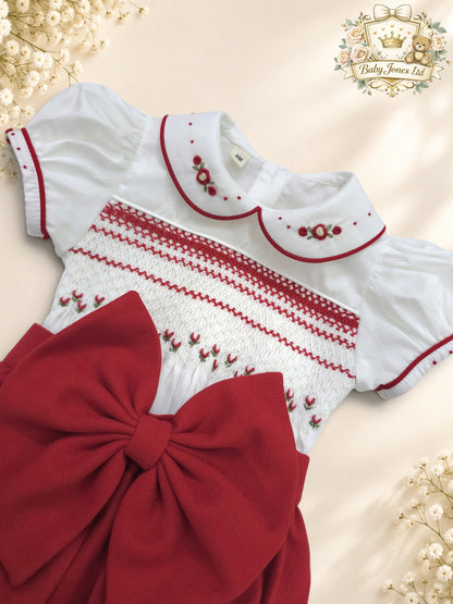 Girls Red & White Hand Smocked Romper