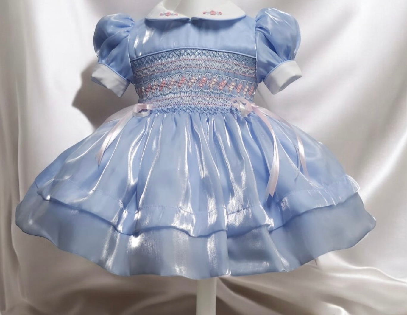 Blue silk with pink & white smocking and ribbon