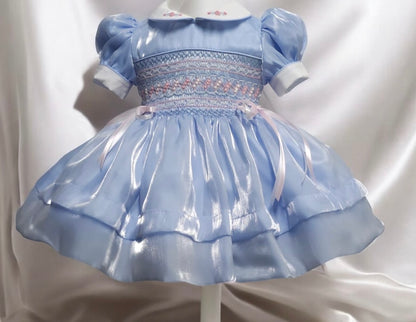 Blue silk with pink & white smocking and ribbon