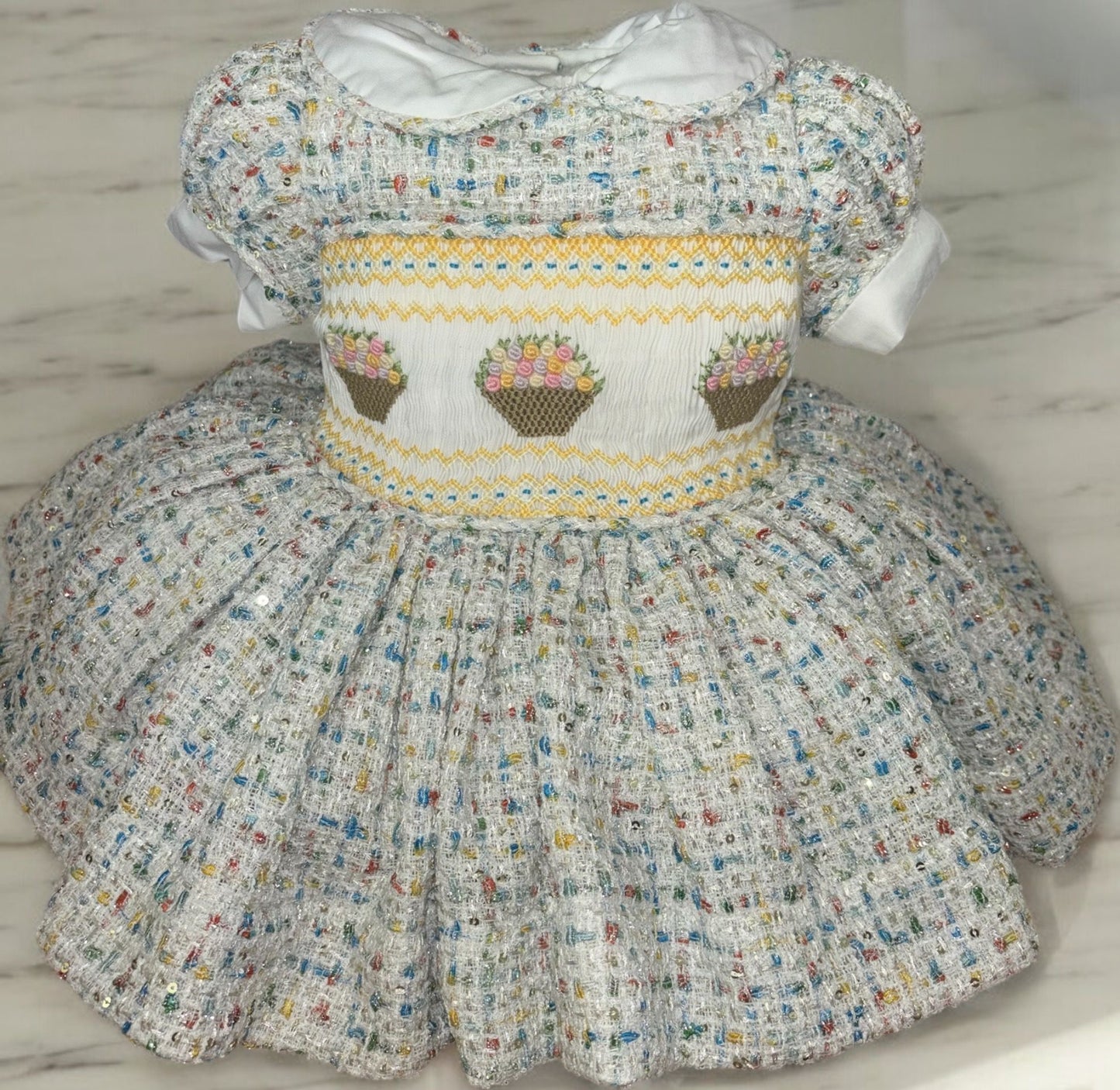 Sparkle multi colour tweed with flower baskets smocked dress