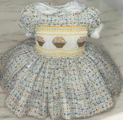 Sparkle multi colour tweed with flower baskets smocked dress