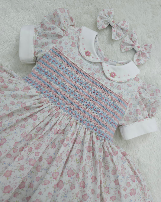 Pink and blue floral smocked dress
