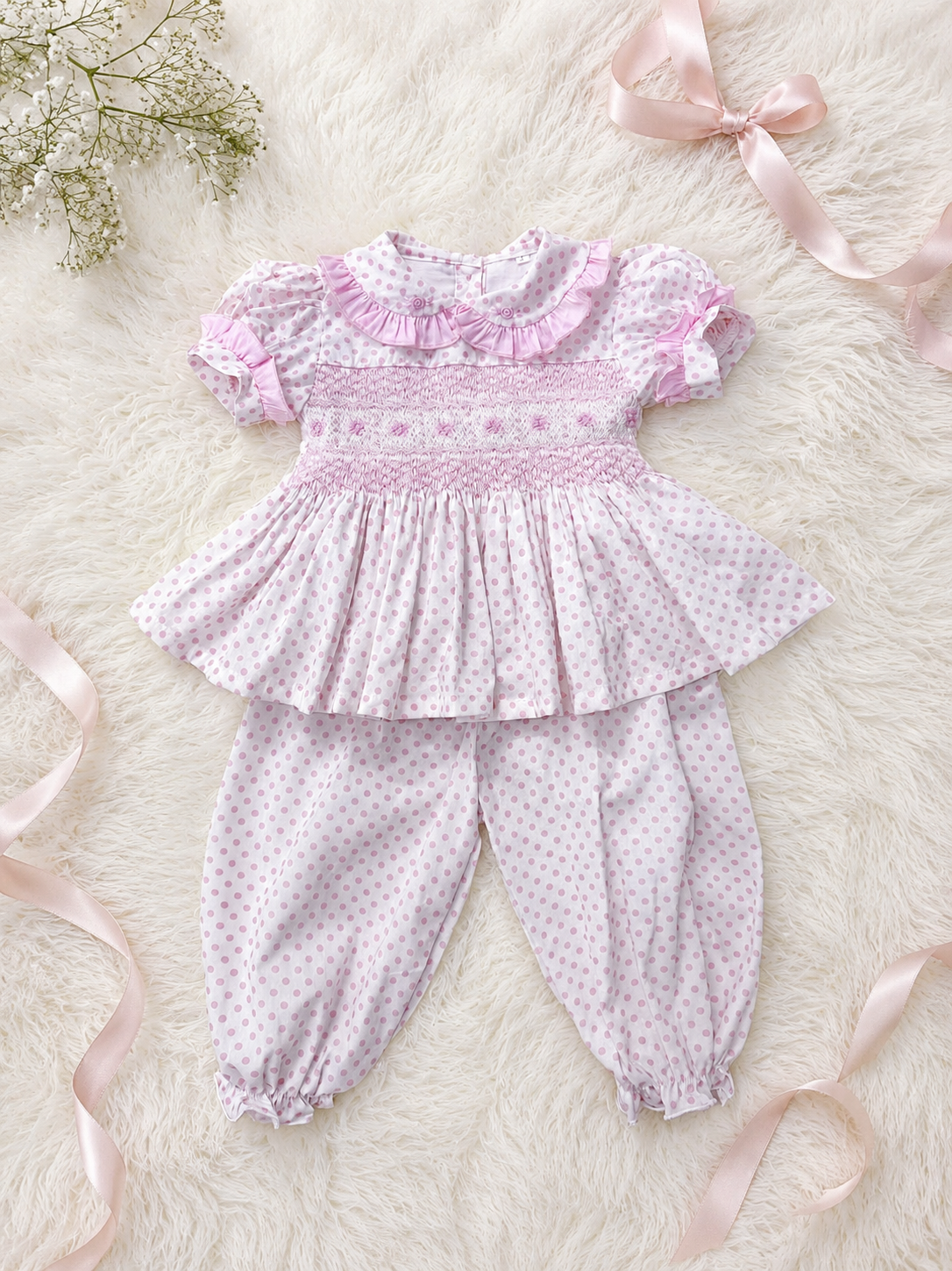 Pink polkadot hand smocked pyjamas
