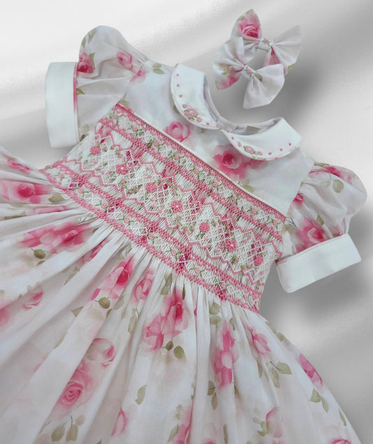 White rose floral smocked back and front