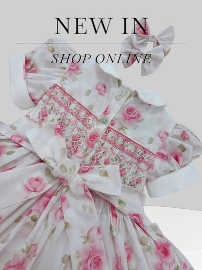 White rose floral smocked back and front