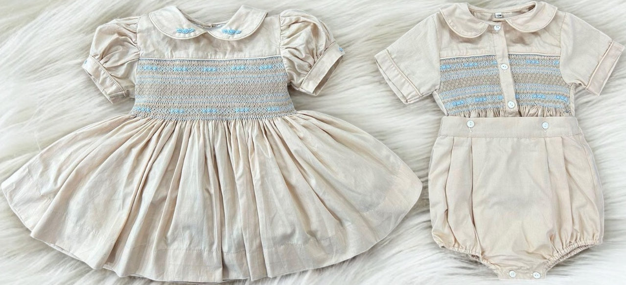 Boys cream and blue smocked suit ( matching dresses available )