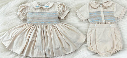 Boys cream and blue smocked suit ( matching dresses available )