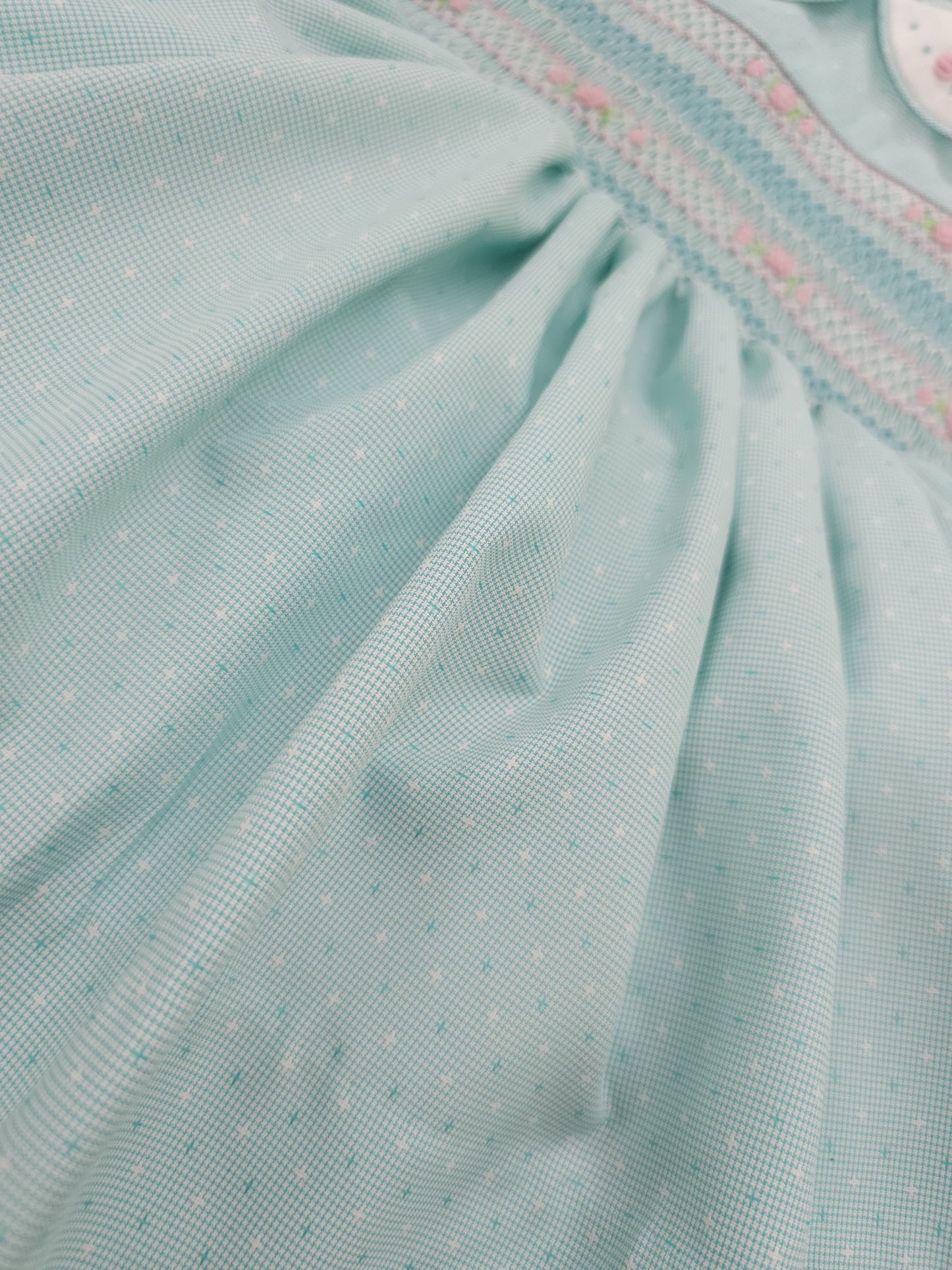 Hand Smocked Baby Girl Dress UK | Mint Sleeveless Dress with Pink Smocking | Matching Boys Outfit | Baby Jones Ltd