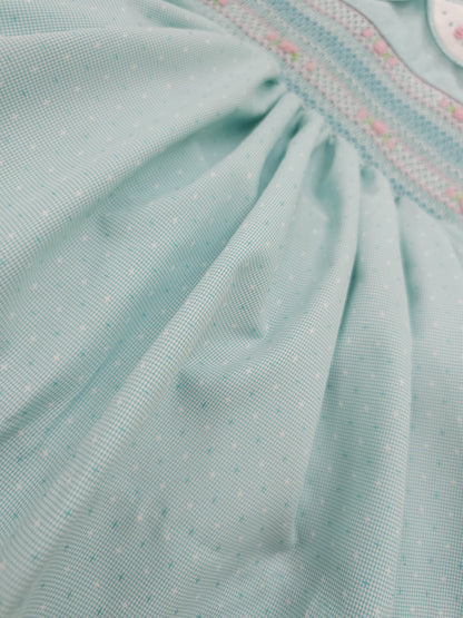 Hand Smocked Baby Girl Dress UK | Mint Sleeveless Dress with Pink Smocking | Matching Boys Outfit | Baby Jones Ltd